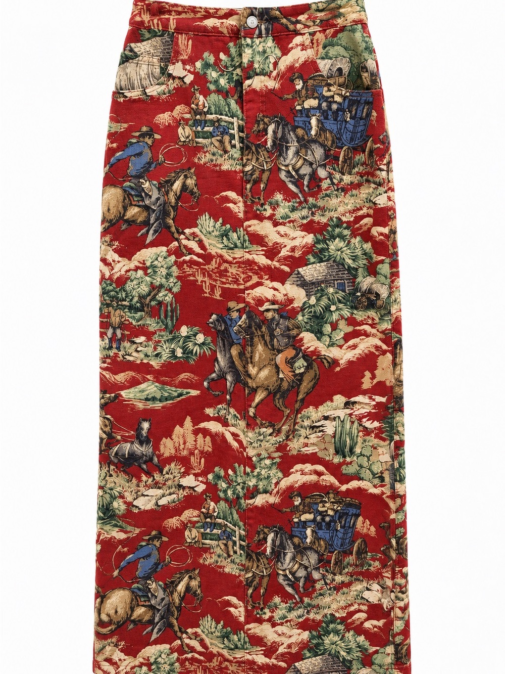 Vintage Western Cowboy Print Cotton Midi Skirt Size 25